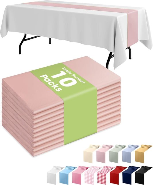 Dusty Pink Plastic Table Runners - 10 Pack, 14'' X 108'', Water Resistant & Disposable Centerpiece Decorations for Table Cloth, Wedding, Birthday, Holiday, Baby Shower, Party, Home Decor