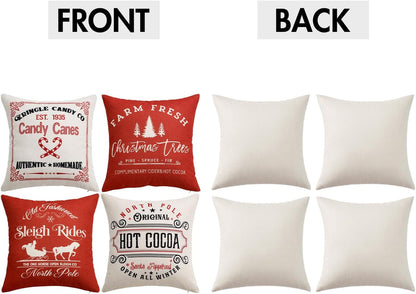 Set of 4 Holiday Red Decorative Pillow Covers 16X16 Inch Candy Canes Sleigh Christmas Tree Throw Pillow Cases Winter Seasonal Cushion Cases Home Decors for Sofa Couch Bedroom