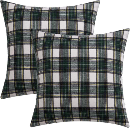 Christmas Set of 2 Scottish Tartan Plaid Throw Pillow Covers Farmhouse Classic Decorative Outdoor Square Cushion Cases for Decor Sofa Couch 18X18 Inch, Green and White