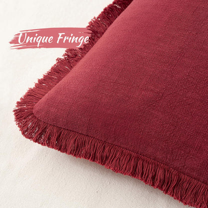 Linen Pillow Covers 18X18 Inch Decorative Throw Pillows with Fringe Pack of 4 Soft Farmhouse Boho Couch Pillows Home Decors for Sofa Cushion Living Room Bed Dark Green and Burgundy