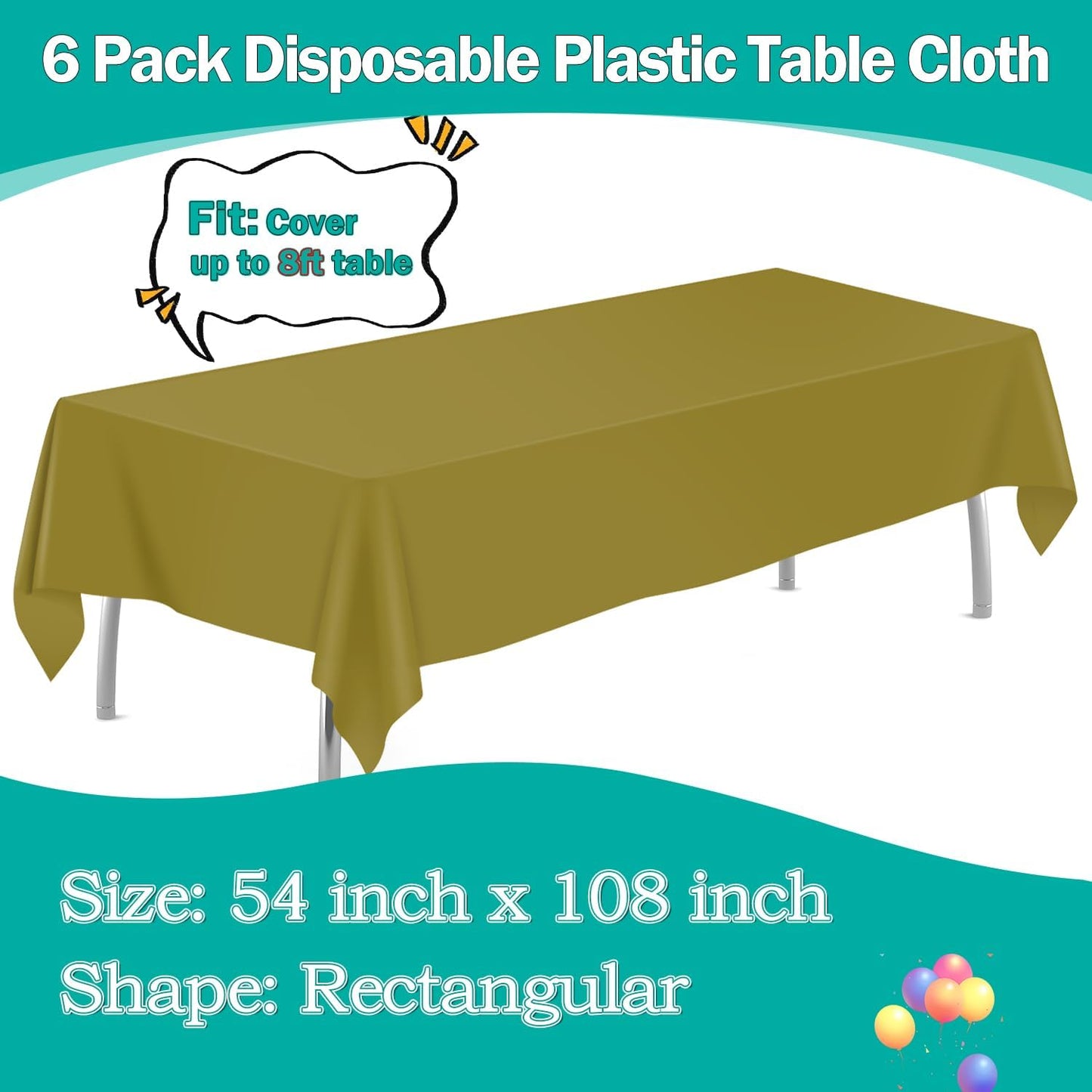 Gold 6 Pack Plastic Table Cloth 54" X 108", Disposable Tablecloths Rectangle Table Cover, Plastic Tablecloths for Parties
