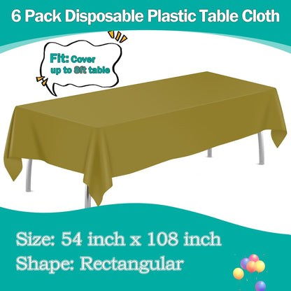 Gold 6 Pack Plastic Table Cloth 54" X 108", Disposable Tablecloths Rectangle Table Cover, Plastic Tablecloths for Parties