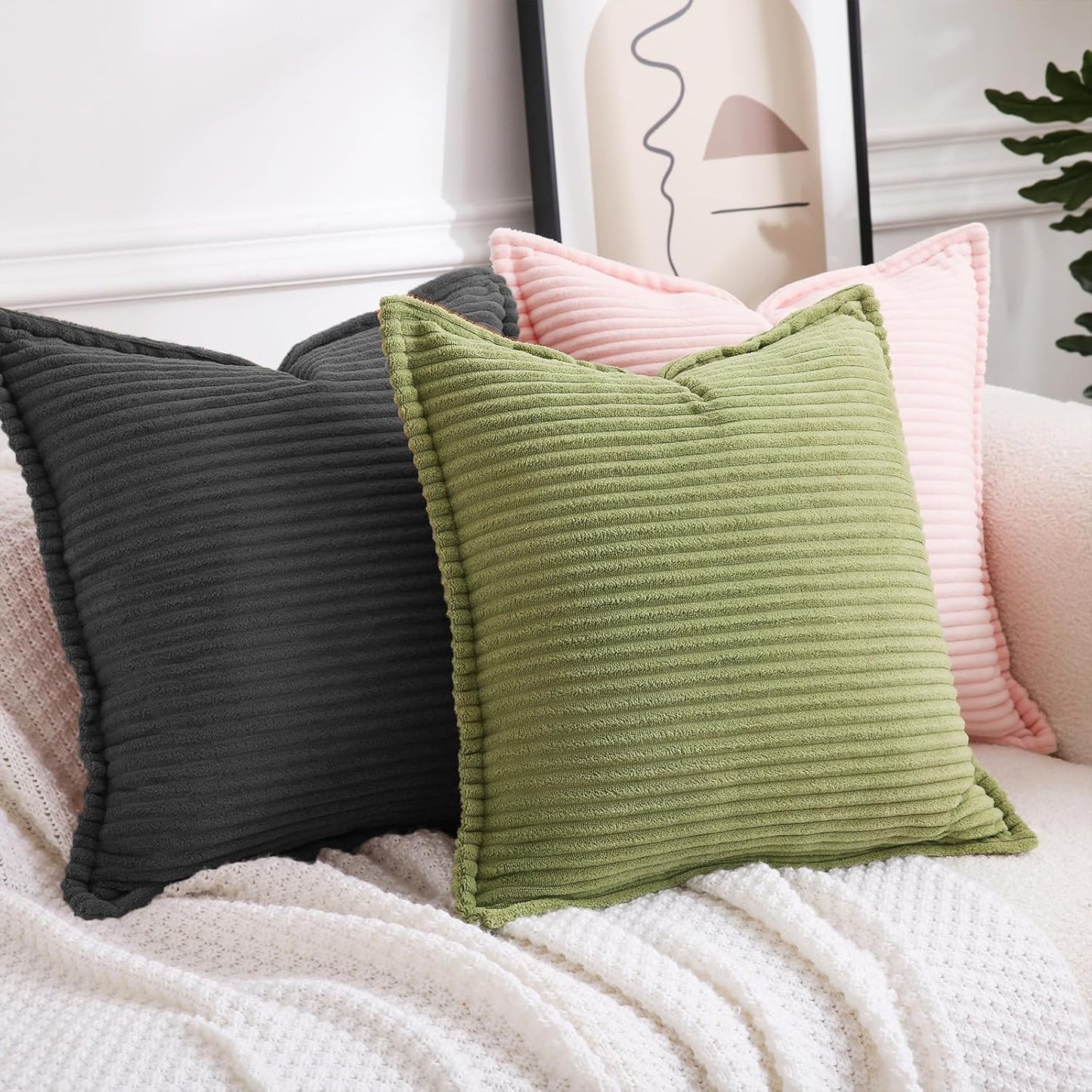 Corduroy Dark Grey Throw Pillow Covers Set of 2 Striped Boho Decorative with Edge Design,Super Soft Throw Pillow Cushion Covers for Couch Sofa Living Room Solid Square 18×18Inch/45Cm×45Cm