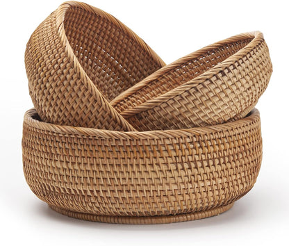 Round Rattan Fruit Baskets Woven Storage Bowls Key Holder Stackable for Shelf Kitchen Tabletop Natural Set of 3