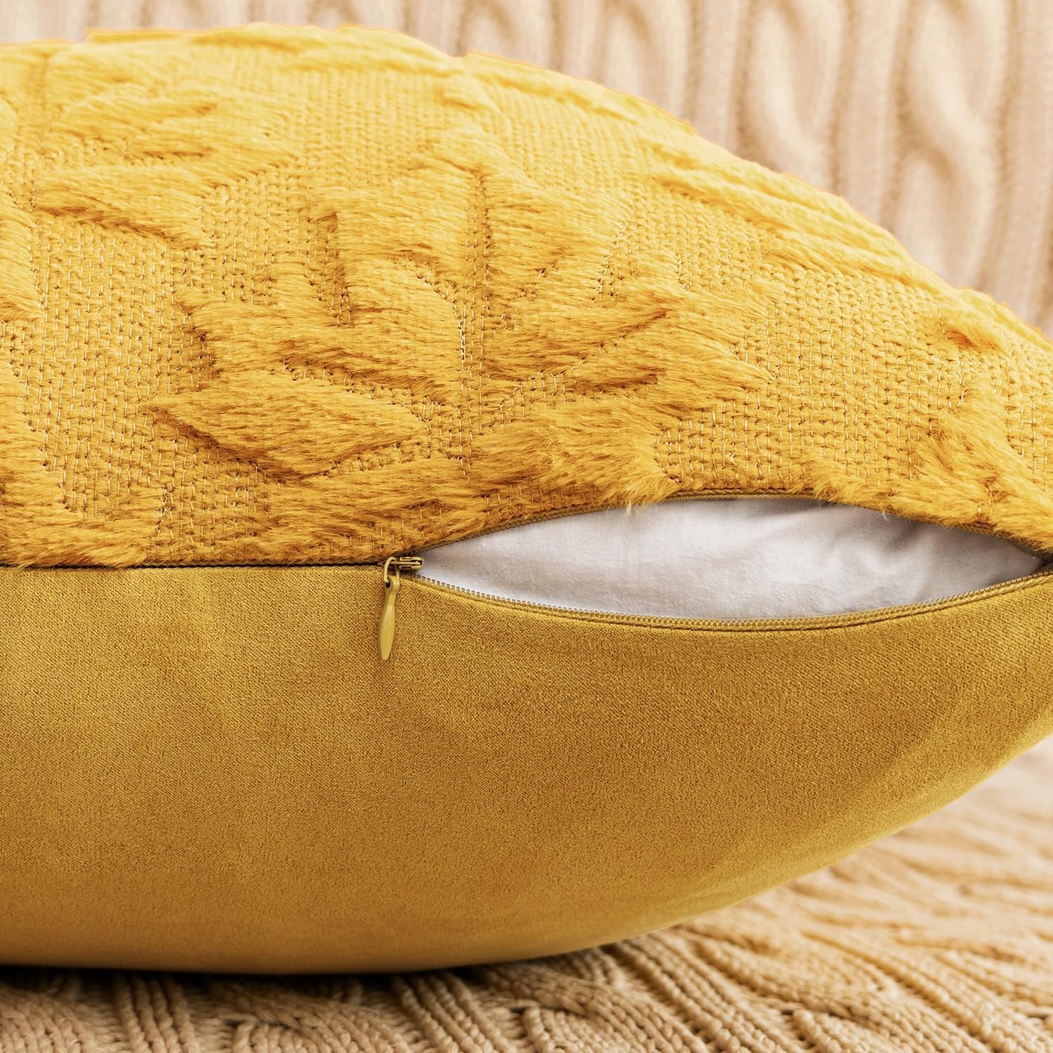 Mustard Yellow Fall Throw Pillow Covers 20x20 - Set of 2 Decorative Hollow Maple Leaf Accent Pillows in Soft Plush Faux Wool for Autumn Home Decor and Holiday Bedroom Use