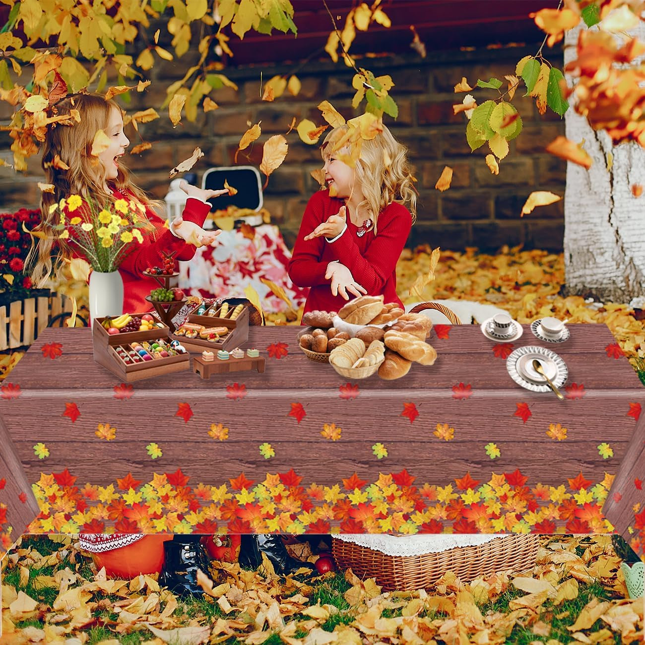 3 Pack Fall Wood Grain Maple Leaves Tablecloth 54 X 108 Inch Thanksgiving Party Tablecovers Disposable Waterproof Plastic Autumn Harvest Theme Table Cloth Rectangle for Dinner Home Table Decor