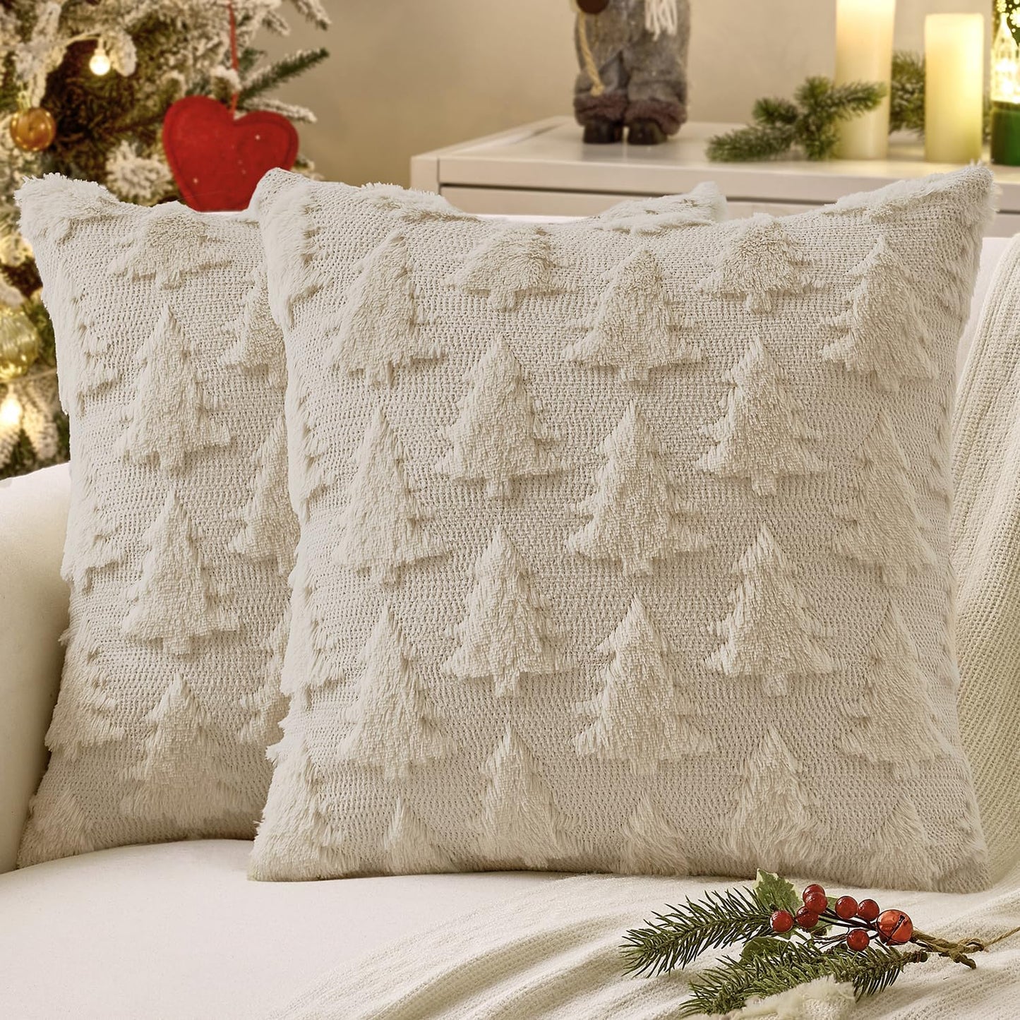 Christmas Throw Pillow Covers Beige Christmas Decorations Set of 2 Xmas Tree 18X18 Pillow Covers Soft Plush Faux Wool Pillowcases Holiday Festivals Winter Home Decor Sofa Couch Bed Porch