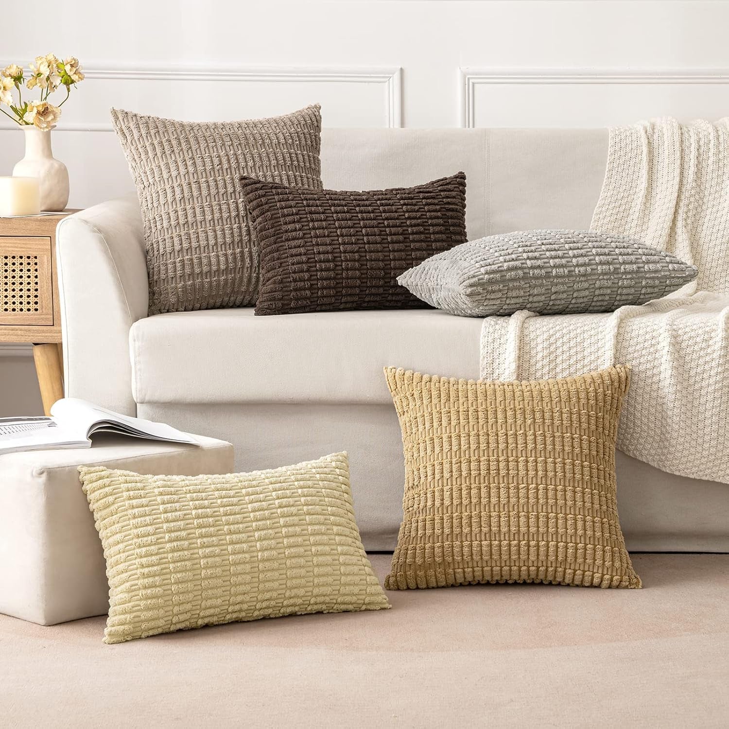 Set of 2 Soft Corduroy Decorative Throw Pillow Covers, 18x18 Inches, Boho Striped Design for Modern Farmhouse Home Decor, Light Brown