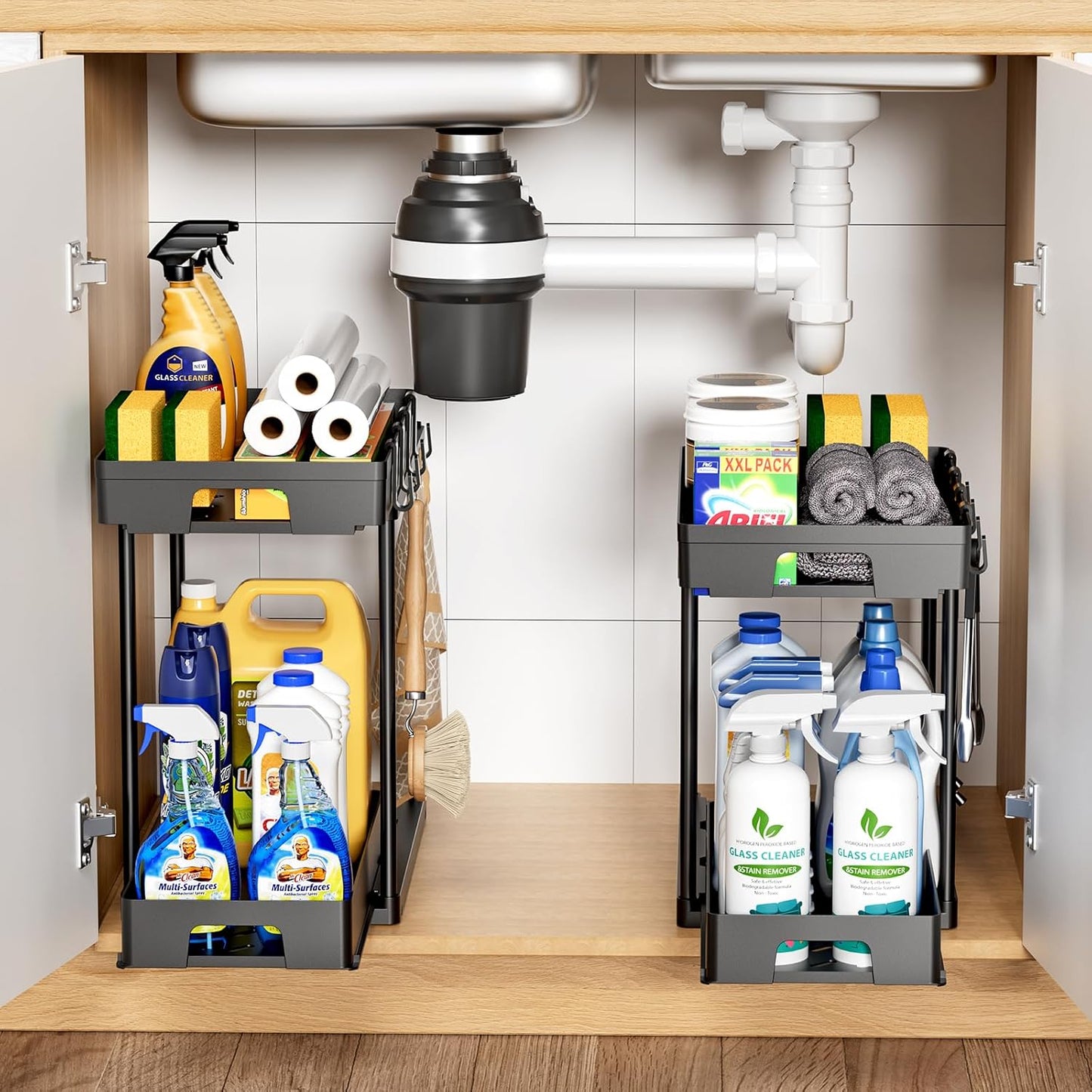 under Sink Organizers and Storage, 2 Pack Pull Out Kitchen Bathroom Cabinet Organizer, 2 Tier Black under Sink Storage for Bathroom Kitchen, under Counter Storage Organizer with 8 Hooks