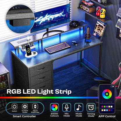 47-Inch Computer Desk with Integrated Power Outlets and LED Lighting, Gaming and Office Desk with Four Drawers and Monitor Stand, Ideal for Home Offices and Small Spaces, Gray