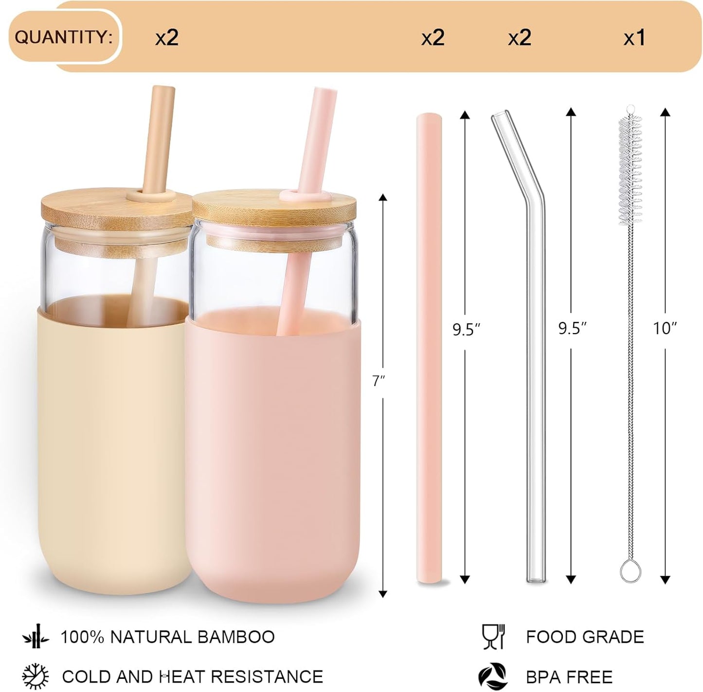 20 OZ Glass Cups with Bamboo Lids and Straws - Beer Can Drinking Glasses with Silicone Protective Sleeve Set, Iced Coffee Glasses, Cute Tumbler Cup for Water, Tea, Gift - Pink, Amber