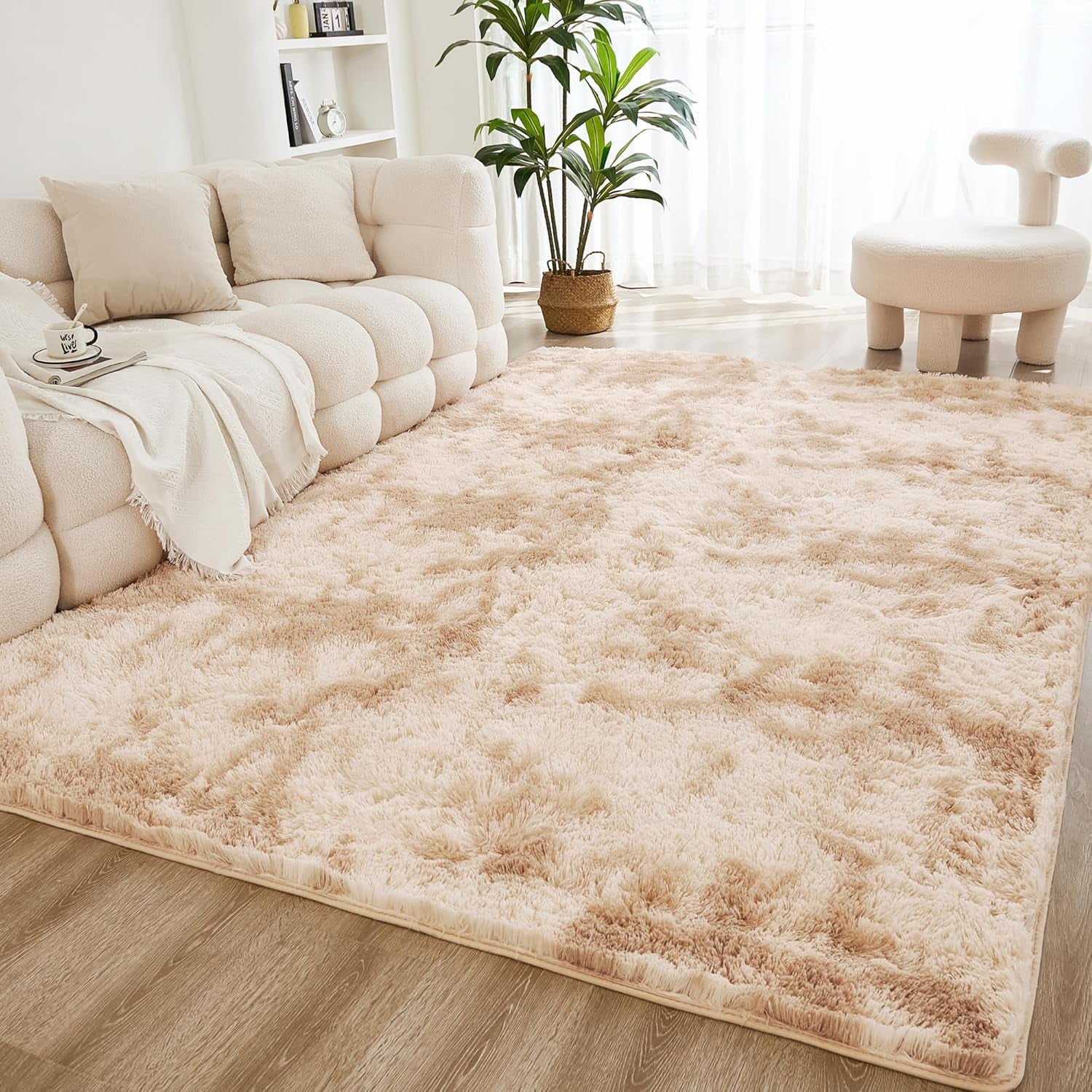 4X6 Shag Area Rug for Living Room Bedroom, Tie-Dyed Beige High Pile Soft Plush Shaggy Furry Cream Bedside Playroom Dorm Carpet, Non-Slip, Non-Shedding Modern Indoor Floor Rug