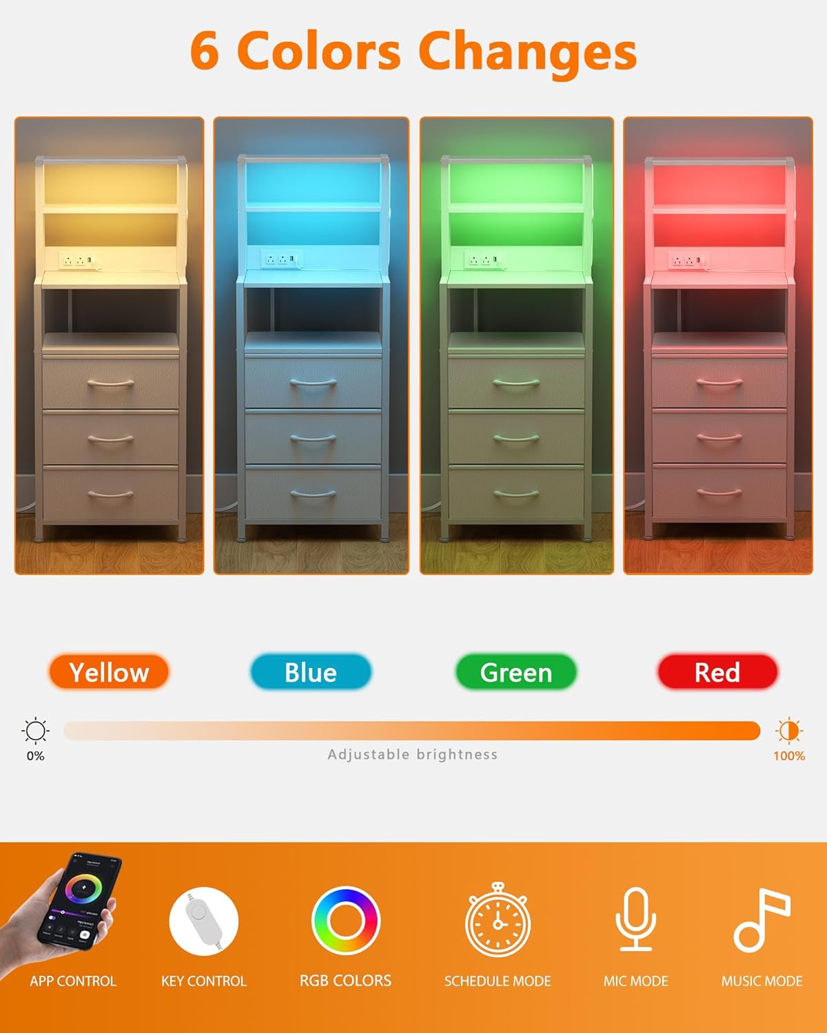 Elegant Bedside Nightstand with 4-Tier Shelving, 3 Fabric Drawers, LED Lighting, and Integrated Charging Station - Versatile Tall Table for Bedroom, Hallway, or Office in White