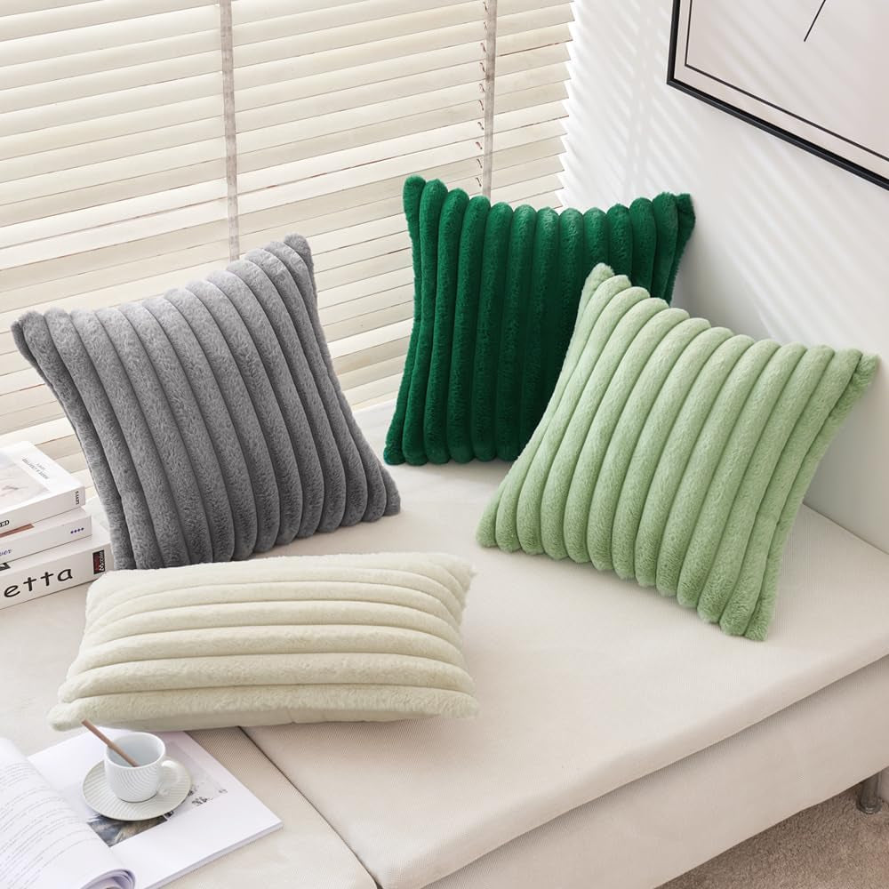 Faux Fur Plush Decorative Throw Pillow Covers Set of 2 Luxury Soft Fluffy Striped Pillowcases Cushion for Sofa Couch Bed Living Room Light Grey 18X18 Inch