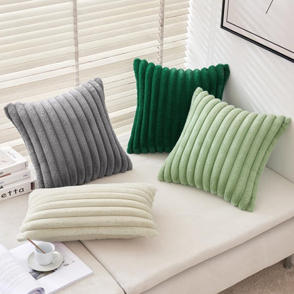 Faux Fur Plush Decorative Throw Pillow Covers Set of 2 Luxury Soft Fluffy Striped Pillowcases Cushion for Sofa Couch Bed Living Room Light Grey 18X18 Inch