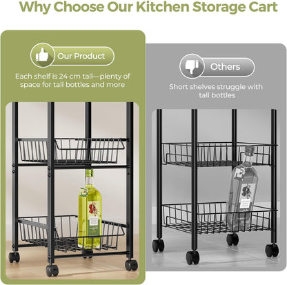 Fruit Vegetable Basket for Kitchen,5 Tier Kitchen Organizer and Storage Cart with Wheels,Slide-Out Baskets and Wood Top,Pantry Storage Cart W11-4/5*D16-7/16*H42-7/16