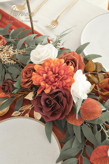 6-Foot Artificial Eucalyptus Garland with Burnt Orange Floral Accents for Table Decor, Wedding Centerpieces, and Bridal Shower Party Decorations in Terracotta