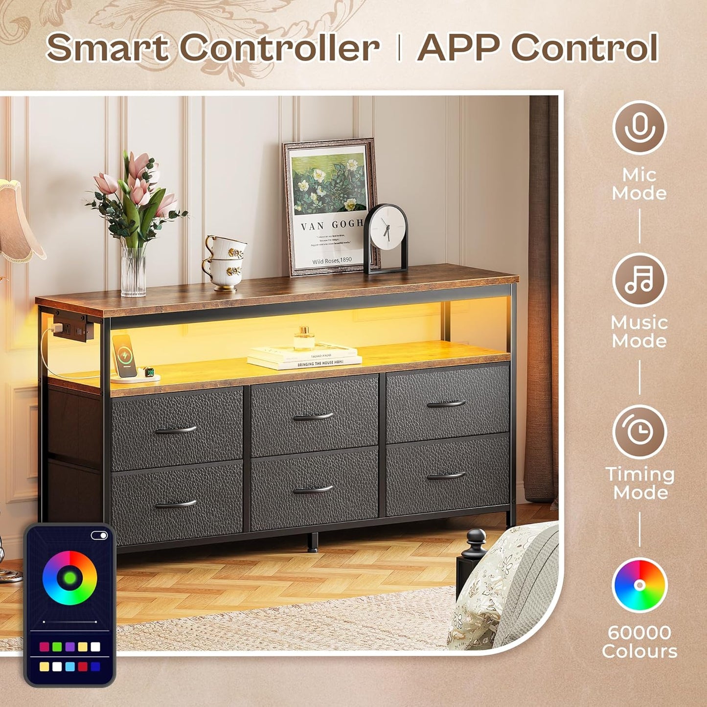 Rustic Black LED TV Stand with Storage for 43 to 55 Inch TVs, 47 Inch Dresser Entertainment Center Featuring Power Outlets and 6 Drawer Fabric Dresser for Living Room