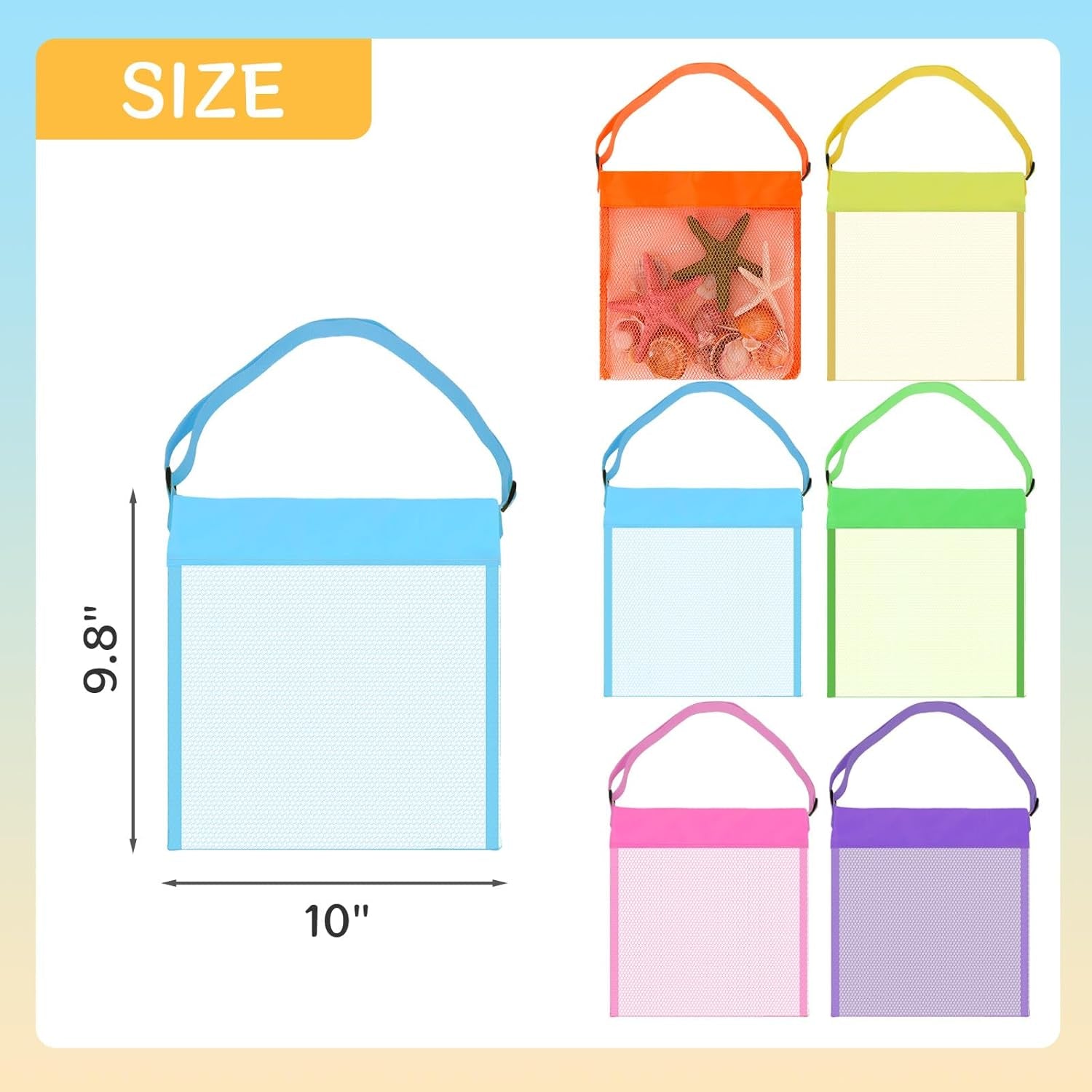 6PCS Mesh Beach Bags for Kids, Colorful Small Seashell Collecting Bags Adjustable Strap for Holding Shell Sand Toy