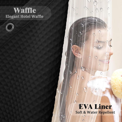 Waffle Shower Curtain and Liner Set, 3 in 1 Shower Curtain Set with Waterproof EVA Liner and Double Sided Hooks for Bathroom Black,36W X72L
