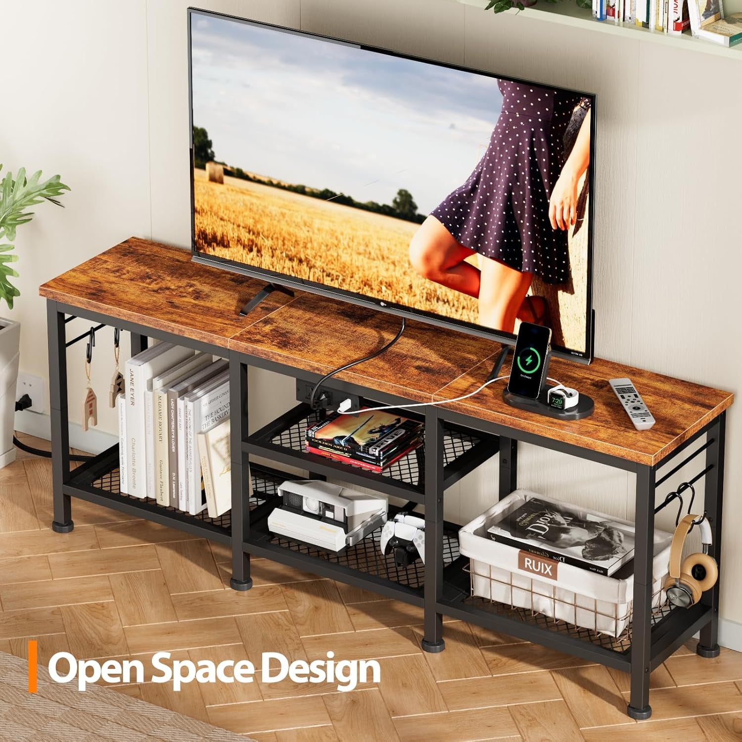 TV Stand with Power Outlets, Entertainment Center with Open Storage Shelves for Tvs up to 55 Inch, Media Console Table with Soundbar Shelf for Living Room, Bedroom, Rustic Brown