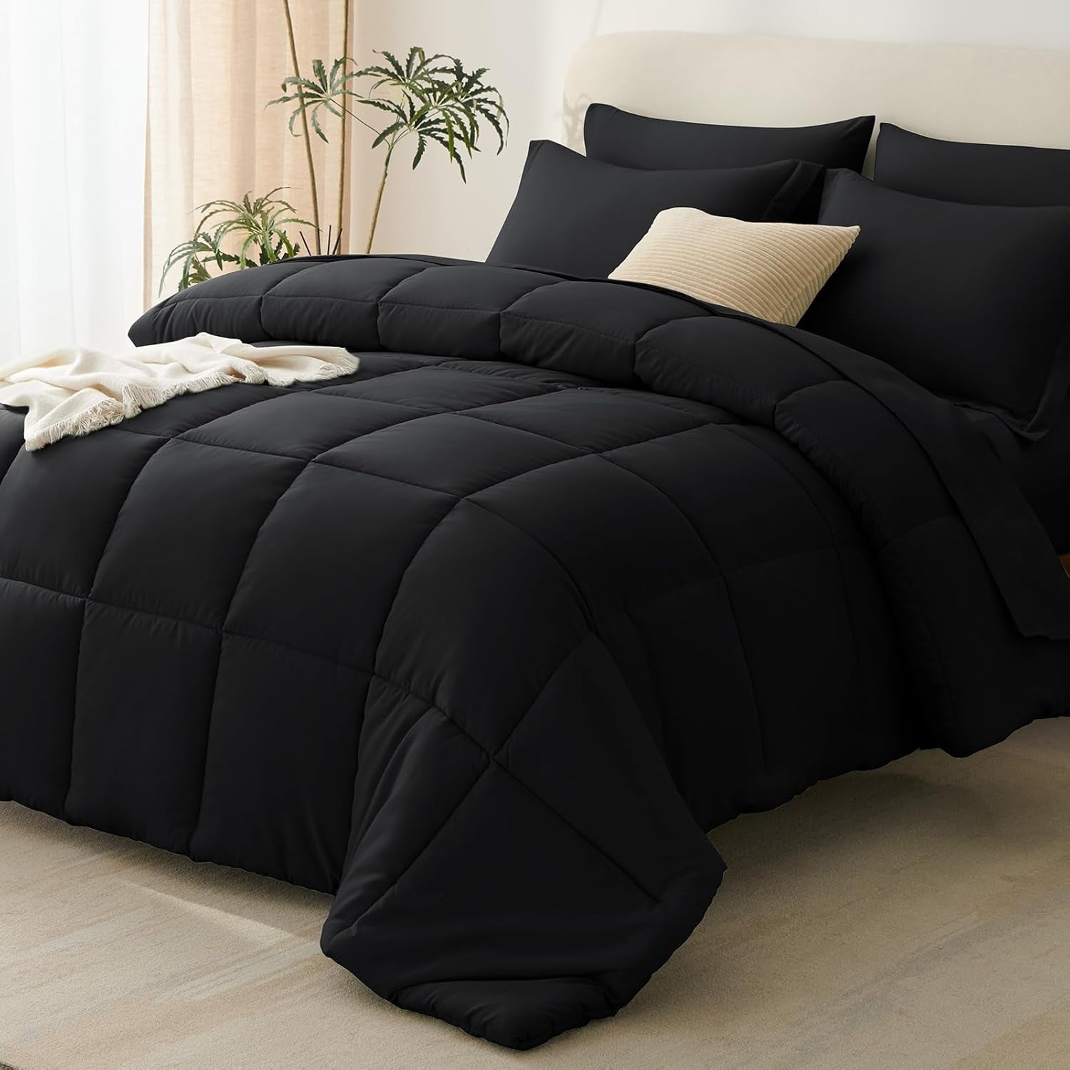 Black Queen Comforter Set with Sheets - 7 Pieces Bed in a Bag Queen Bedding Sets, All Season Soft 7PC Bed Set with Black Comforter, Flat Sheet, Fitted Sheet, Pillowcases & Pillow Shams