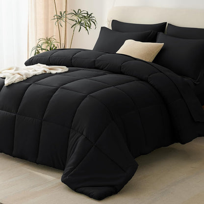Black Queen Comforter Set with Sheets - 7 Pieces Bed in a Bag Queen Bedding Sets, All Season Soft 7PC Bed Set with Black Comforter, Flat Sheet, Fitted Sheet, Pillowcases & Pillow Shams