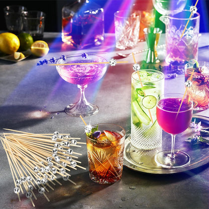 Cocktail Picks, Disco Ball Decorative Toothpicks for Appetizers, Fancy Bamboo Skewers for Appetizers Drinks Food Disco Party Decorations, 4.7 Inch Long Silver Wooden Cocktail Sticks 100PCS