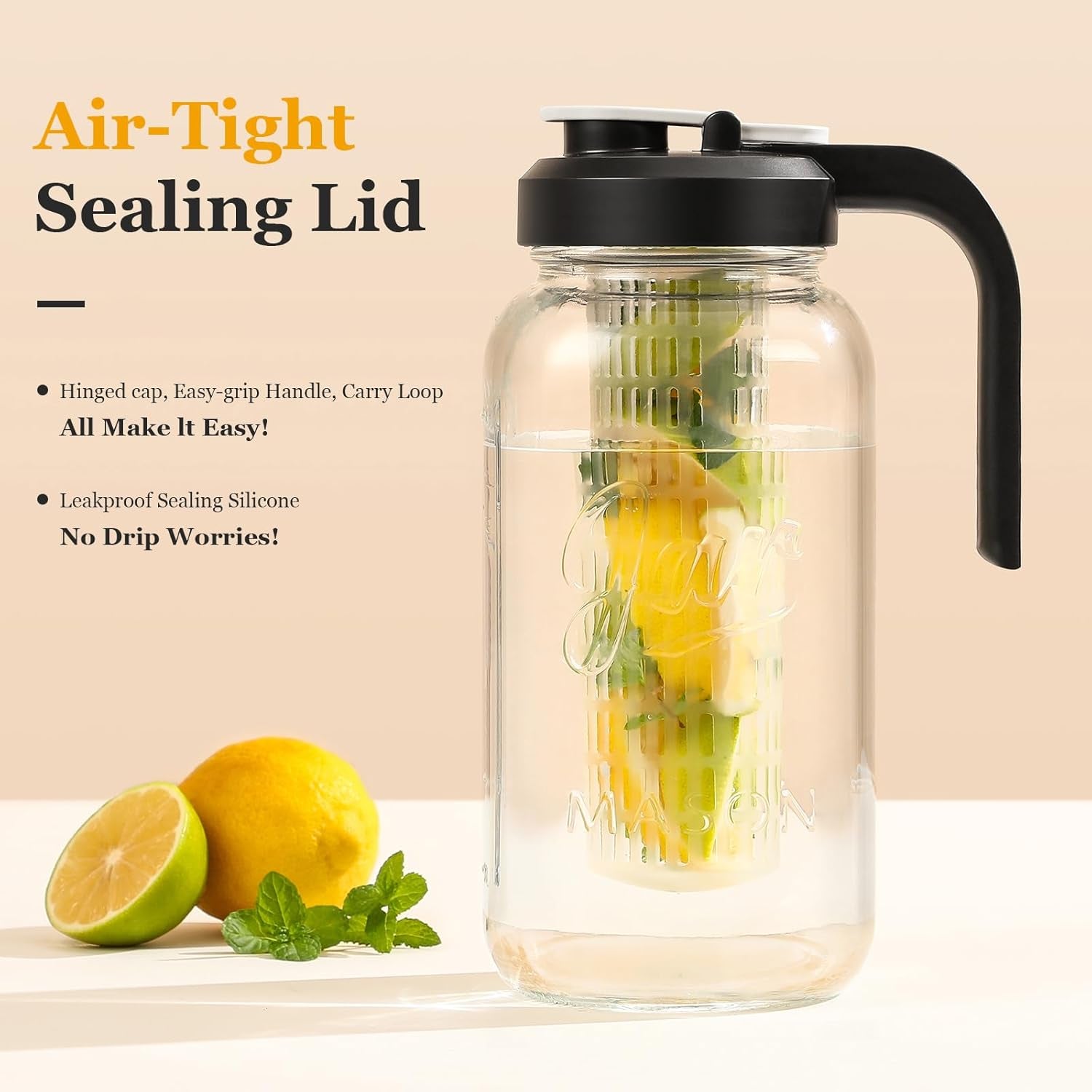 Heavy Duty Mason Jar Fruit Infuser Water Pitcher, Leak-Proof Glass Pitcher with Filter Lid, Wide Mouth Glass Jar - 2 Quart