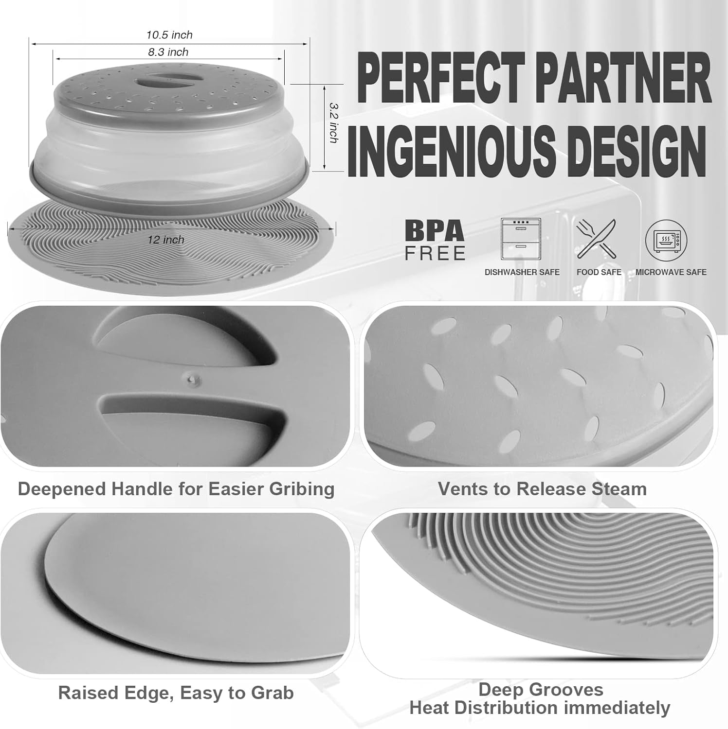 Pack 2,  Microwave Mat & Food Cover- 12" Mat as Bowl Holder, Cover for Splatter Guard, Multi-Use: Silicone Trivet, Pot Holders, Drying, Baking, Placemat, Utensils Rest for Kitchen Counter, Grey