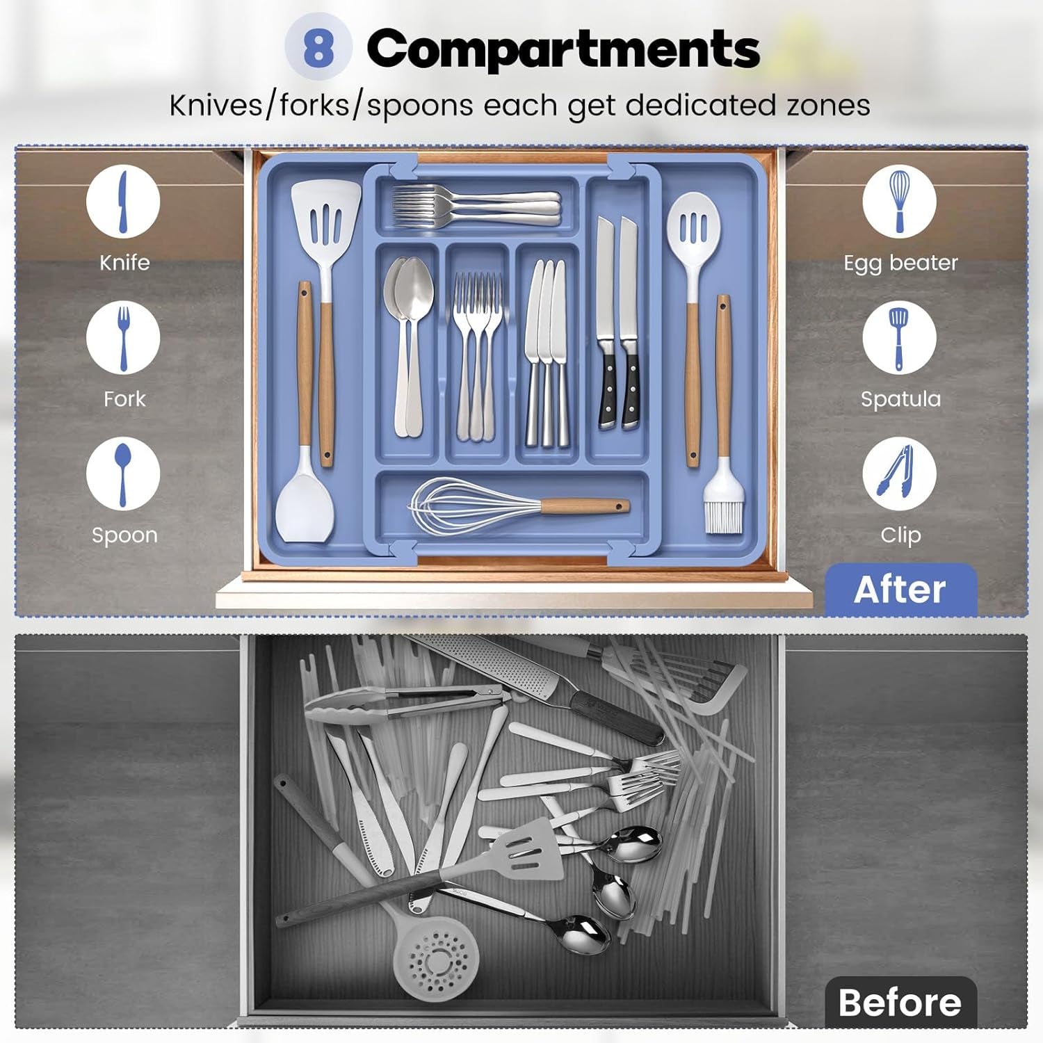 Expandable Large Silverware Organizer for Kitchen Drawers - BPA-Free Thick Plastic with Wider Compartments and Non-Skid Feet (Breezy Blue)