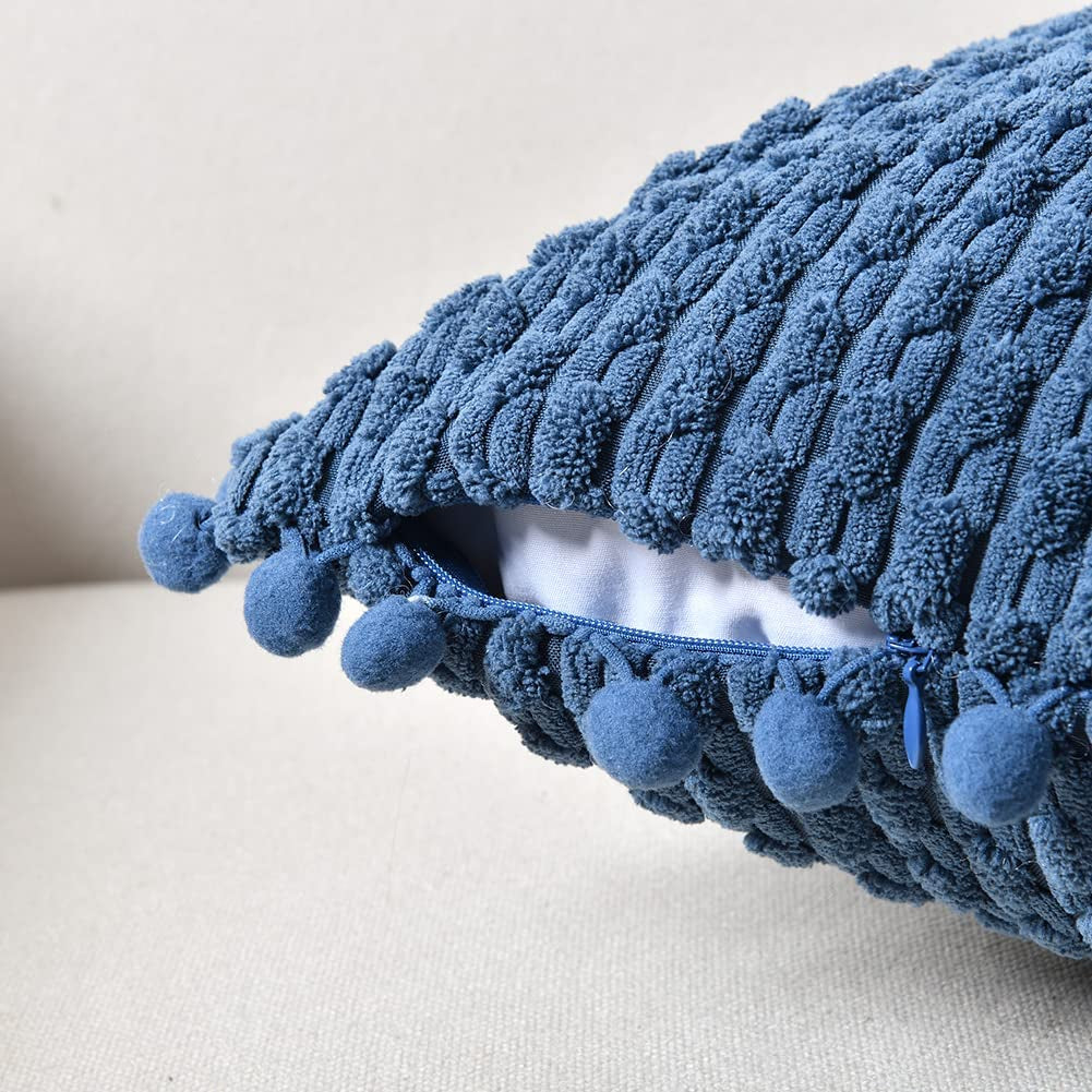 Set of 2 Dusty Blue Decorative Throw Pillow Covers 18X18 Inch with Pom-Poms for Couch Bed Sofa, Rustic Farmhouse Boho Home Decor, Soft Plush Corduroy Cute Cushion Case 45X45 Cm