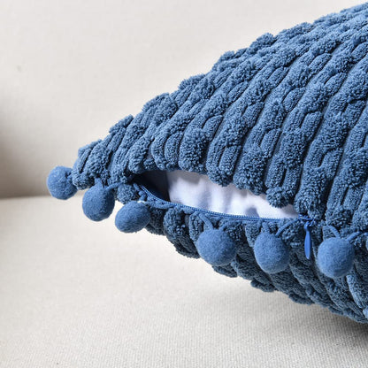 Set of 2 Dusty Blue Decorative Throw Pillow Covers 18X18 Inch with Pom-Poms for Couch Bed Sofa, Rustic Farmhouse Boho Home Decor, Soft Plush Corduroy Cute Cushion Case 45X45 Cm
