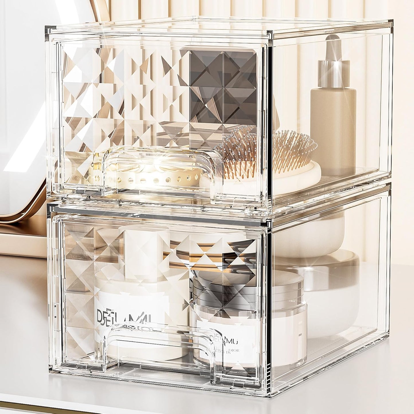 2 Pack Stackable Storage Drawers, Makeup Skincare Holder Vanity Storage Organizer, Plastic Drawers for Vanity Desk, Undersink, Kitchen Cabinet, Pantry, Bottle Organizer Baby and Storage,Clear