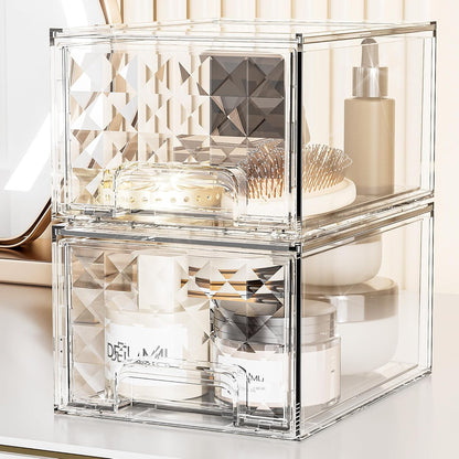 2 Pack Stackable Storage Drawers, Makeup Skincare Holder Vanity Storage Organizer, Plastic Drawers for Vanity Desk, Undersink, Kitchen Cabinet, Pantry, Bottle Organizer Baby and Storage,Clear