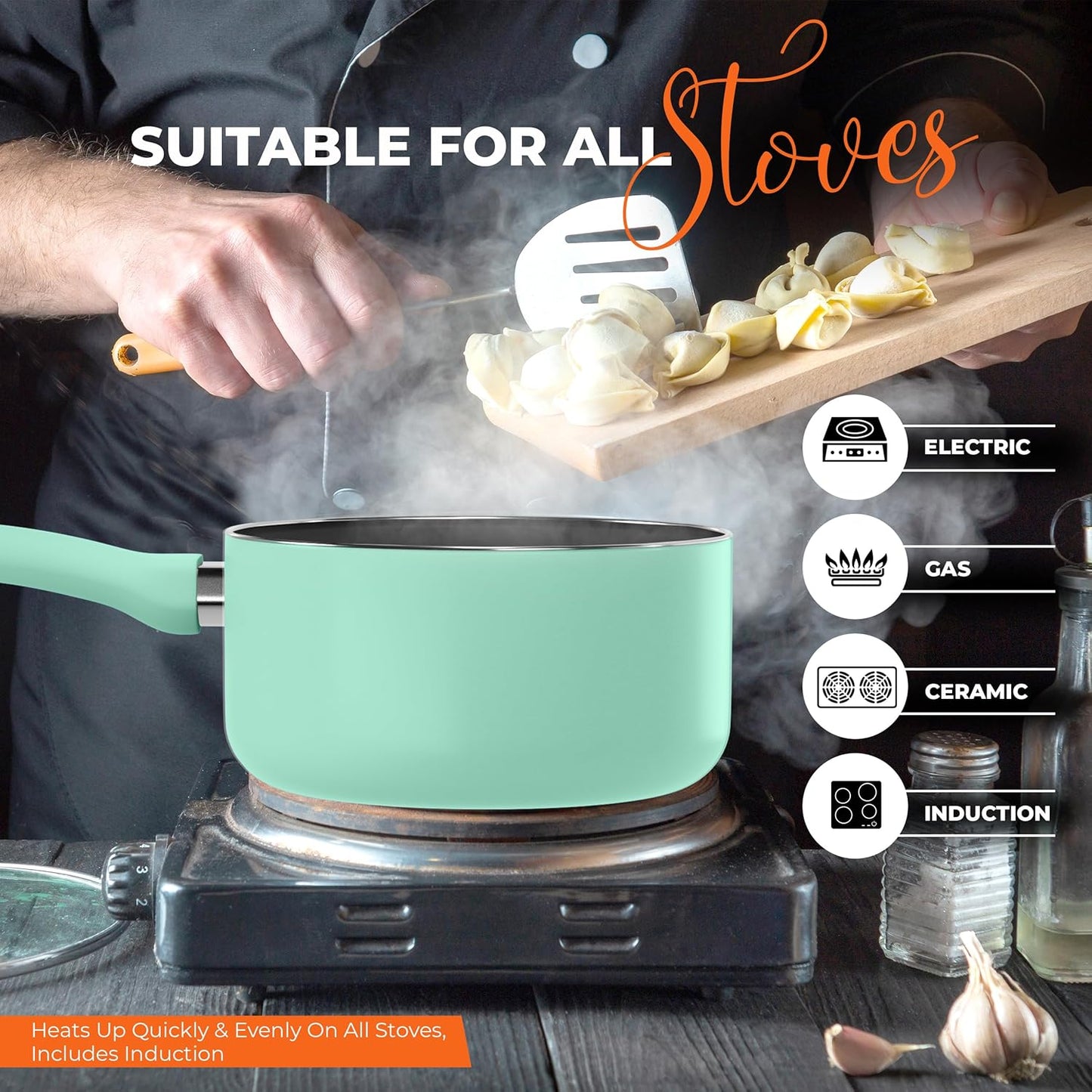 Detachable Handle Nonstick Saucepan with Glass Lid, Multipurpose Use for Home, Kitchen or Restaurant (Green)