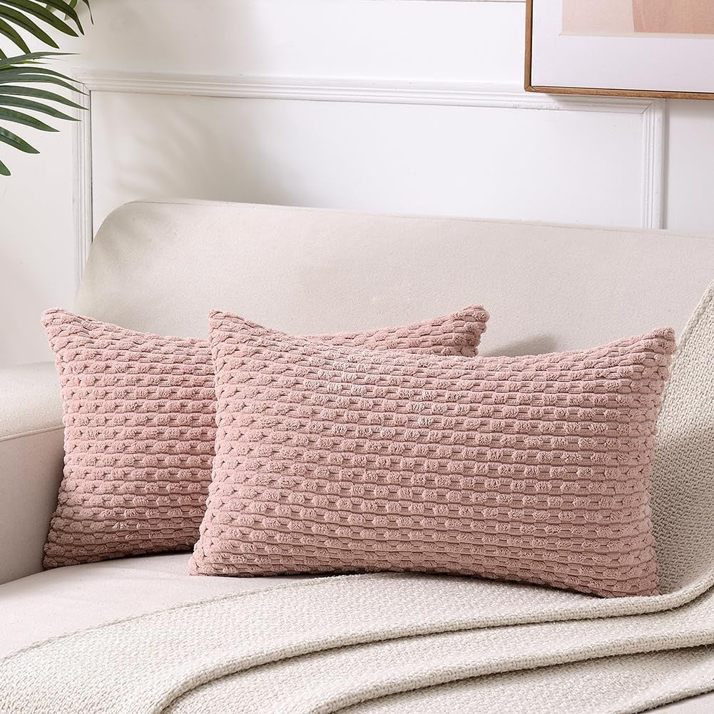 Set of 2 Pink Lumbar Decorative Throw Pillow Covers 12X20 Inch for Couch Living Room Bed Sofa, Modern Farmhouse Boho Home Decor, Soft Plush Corduroy Rectangle Cushion Case 30X50 Cm