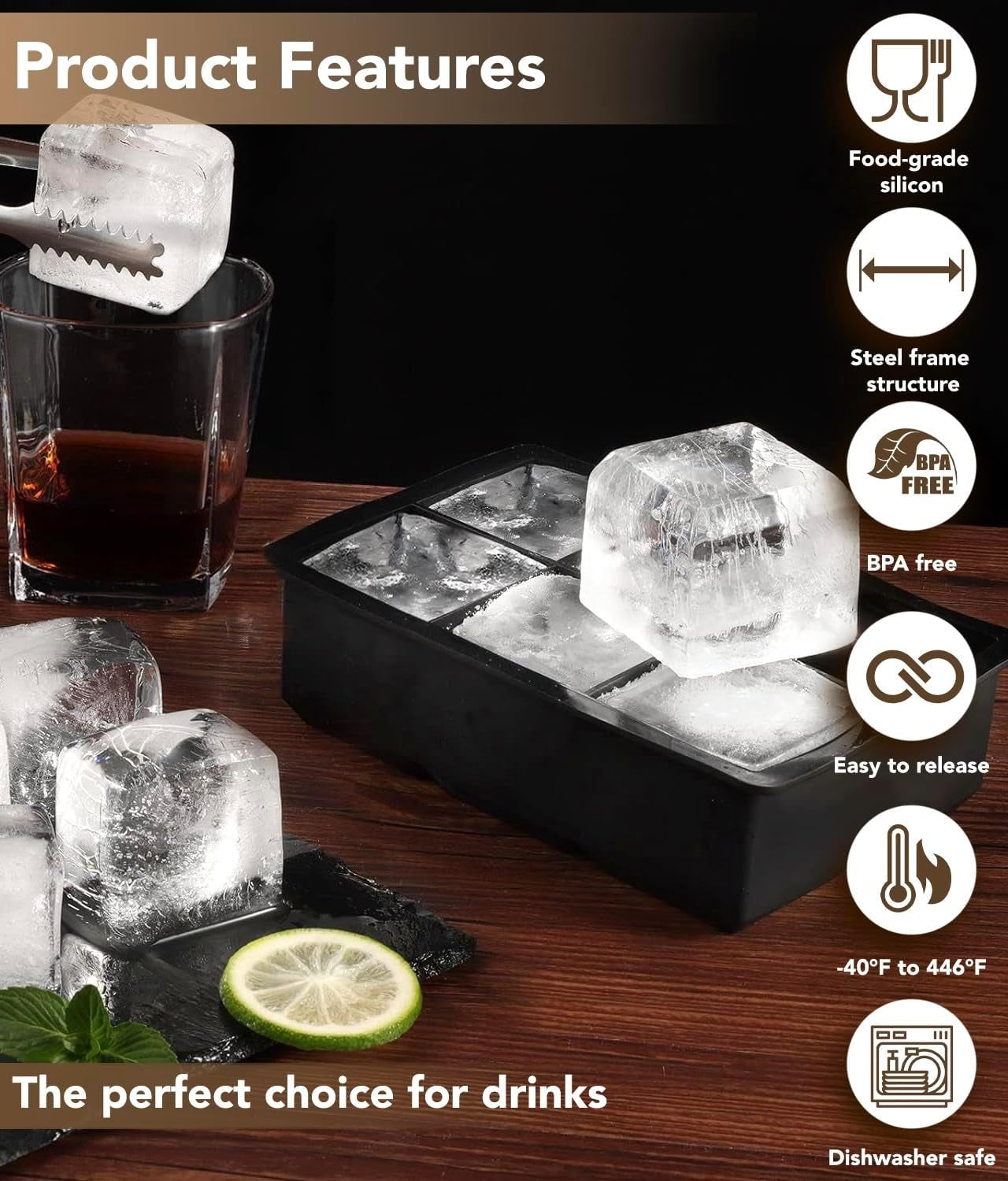 Silicone Ice Cube Trays for Freezer – Large Square Ice Cube Molds, Bpa-Free, Easy-Release Ice Cube Maker for Whiskey, Cocktails & Drinks, Stackable Freezer Ice Molds,Dishwasher Safe(12 Cubes,Black)