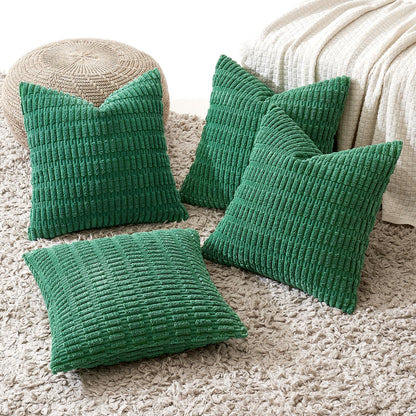 Pack of 4 Forest Green Corduroy Decorative Throw Pillow Covers 18X18 Inch Soft Boho Striped Pillow Covers Modern Farmhouse Home Decor for Sofa Living Room Couch Bed