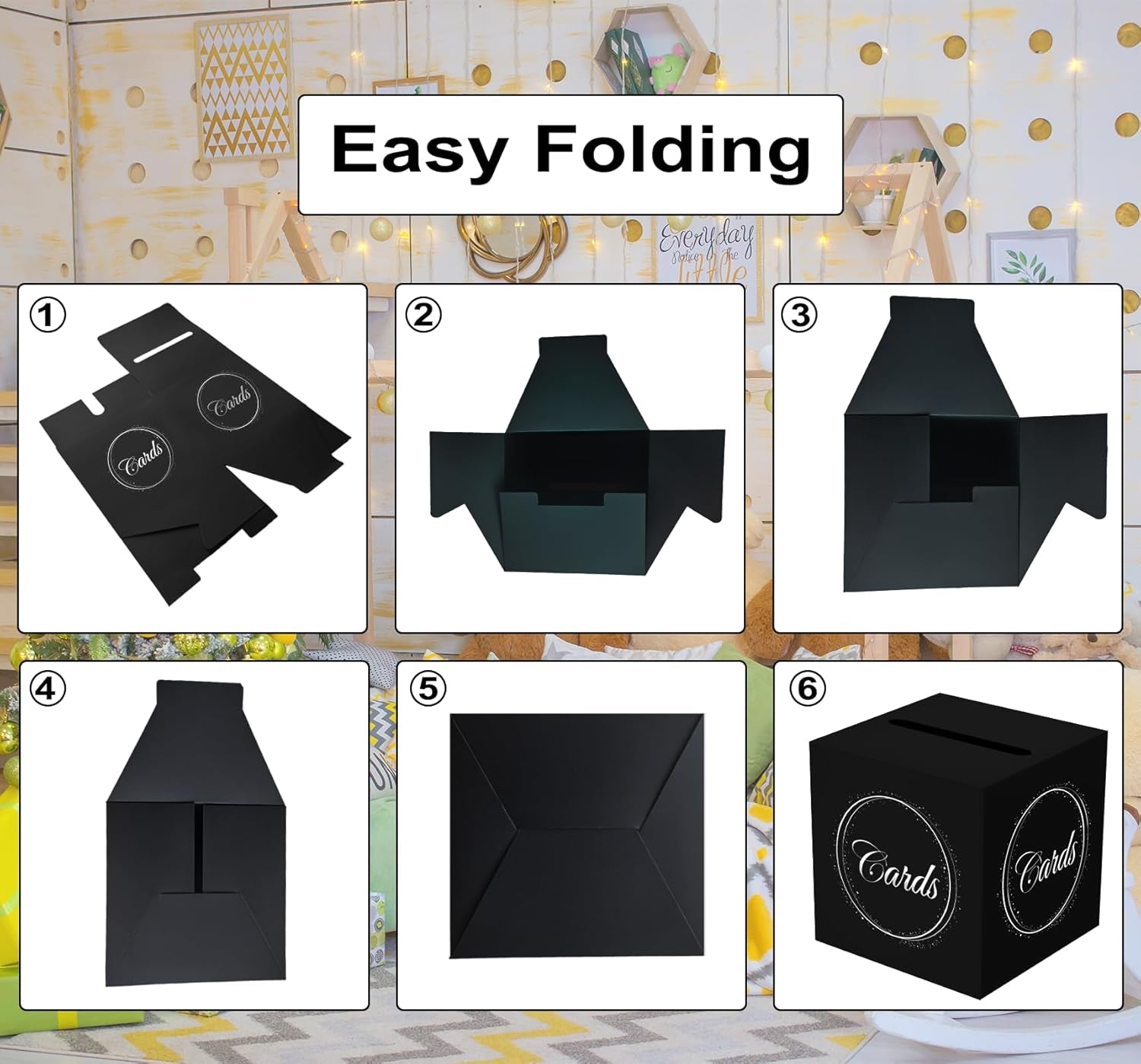 Black Silver Card Box with Gold Foil Design, Gift Cards Receiving Box for Graduations, Birthdays Party, Wedding Receptions, Bridal & Baby Showers, Retirements, Anniversaries