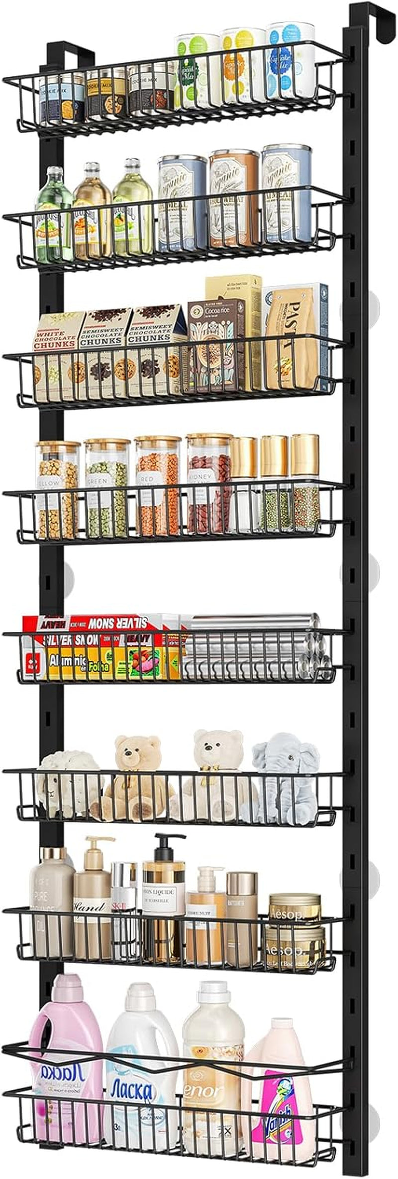 over the Door Pantry Organizer, 8-Tier Adjustable Spice Rack Cabinet Door Shelves, Hanging Seasoning Organizer for Kitchen Bathroom, Laundry Room Organization, Black