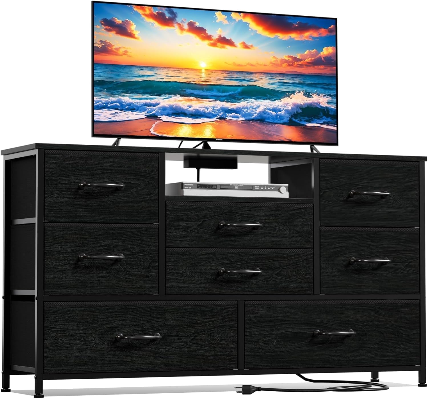 Dresser TV Stand with Power Outlet for 55-Inch TVs, Entertainment Center Featuring 8 Deep Drawers, Ideal Storage Solution for Bedroom, Closet, Living Room, and Hallway (Black Oak)