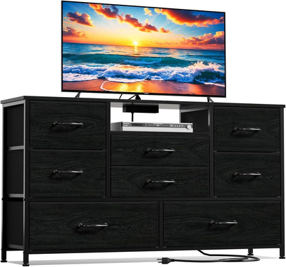 Dresser TV Stand with Power Outlet for 55-Inch TVs, Entertainment Center Featuring 8 Deep Drawers, Ideal Storage Solution for Bedroom, Closet, Living Room, and Hallway (Black Oak)