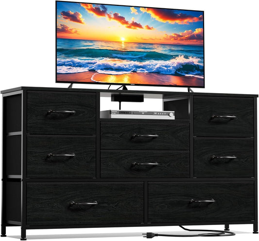 Dresser TV Stand with Power Outlet for 55-Inch TVs, Entertainment Center Featuring 8 Deep Drawers, Ideal Storage Solution for Bedroom, Closet, Living Room, and Hallway (Black Oak)