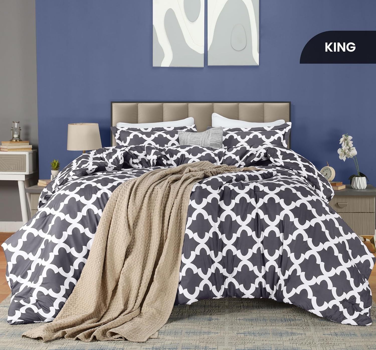 King Comforter Set Grey, Printed Comforters King Size, 3 Piece Lightweight All Season down Alternative Bedding Set with 1 Comforter (90 X 102 In) and 2 Pillow Shams (20 X 36 In)