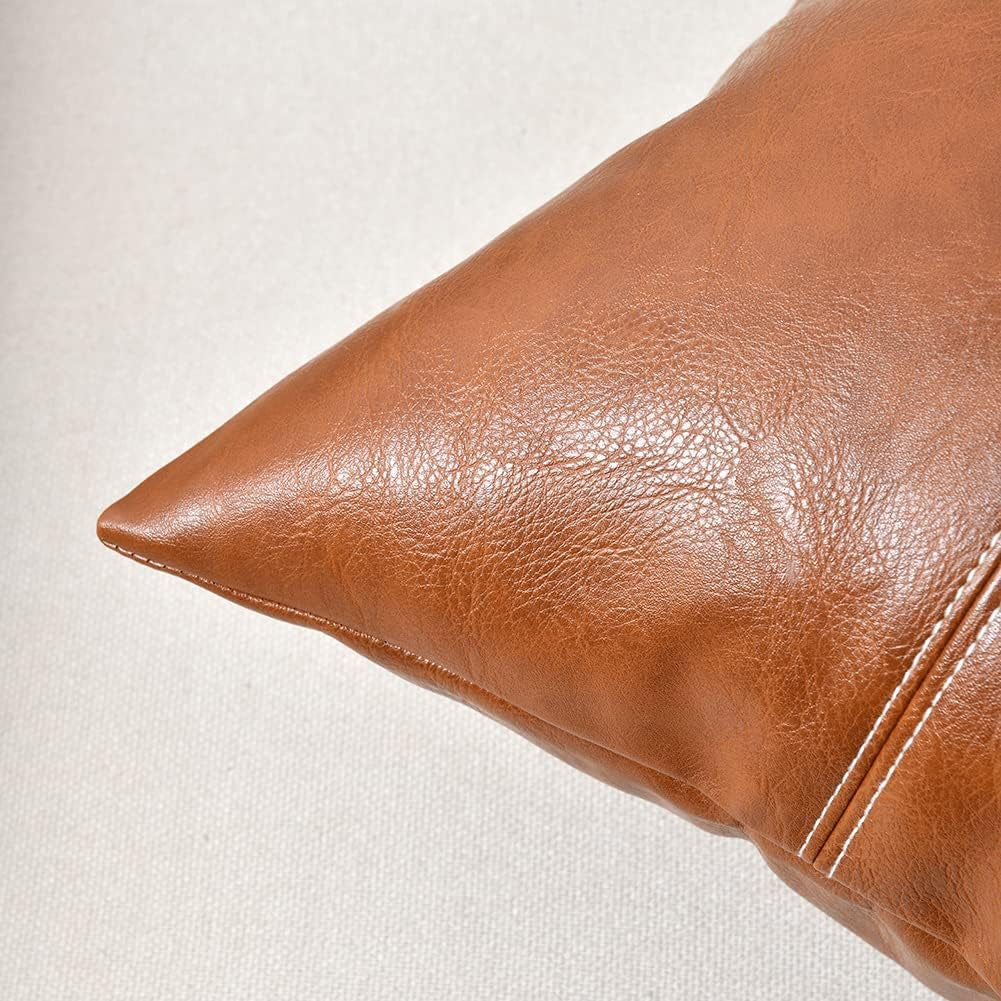 2 Packs Boho Brown Waterproof Faux Leather Decorative Throw Pillow Covers 18X18 Inch for Outdoor Couch Bed Sofa, Hand Stitched Accent Square Cushion Case, Rustic Modern Farmhouse Home Decor