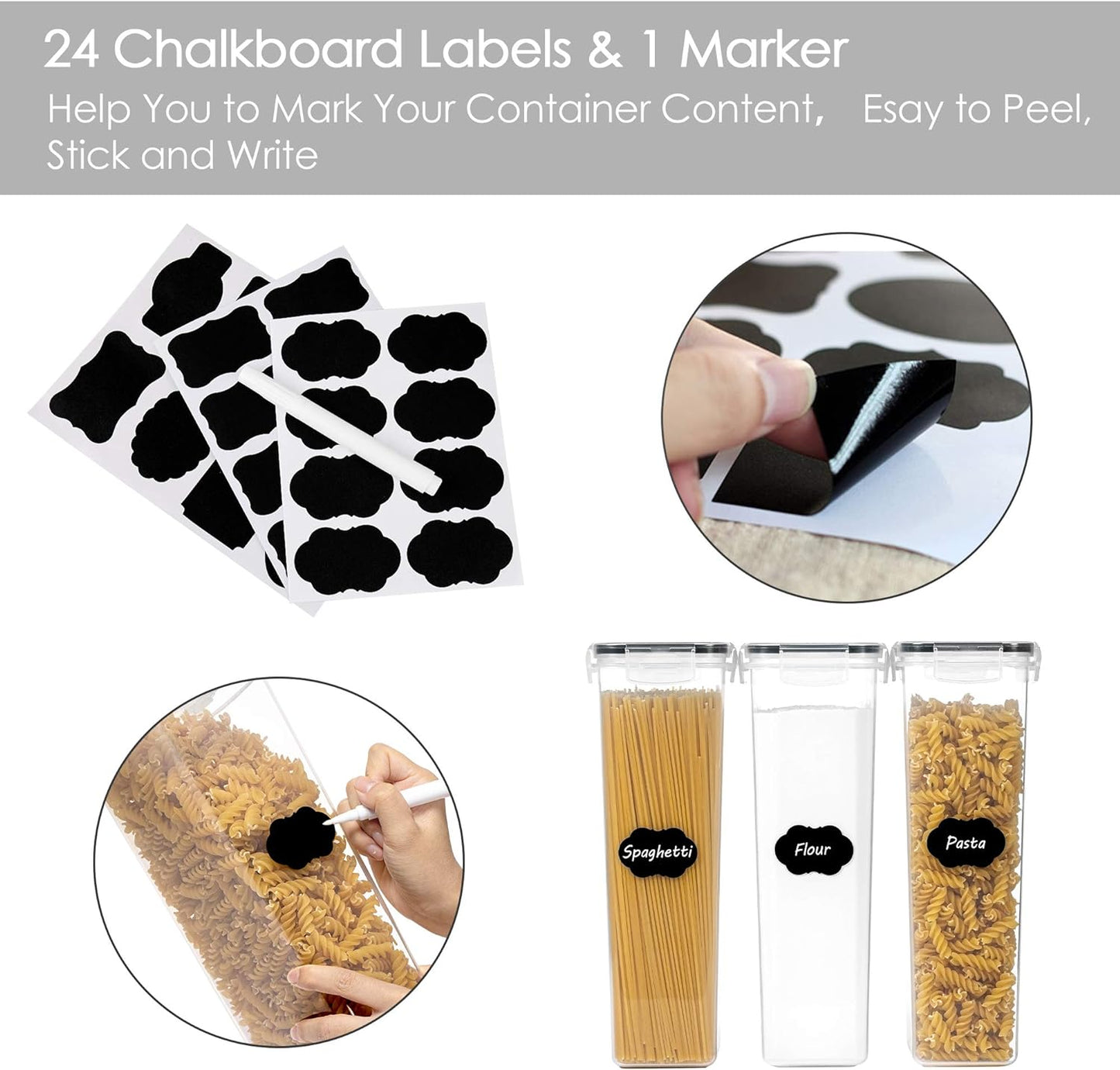 Airtight Food Storage Containers with Lids, 4 PCS 2.8L Pasta Containers for Pantry Organization and Storage, BPA Free Kitchen Canisters for Spaghetti, Flour, Sugar and Noodles, Black