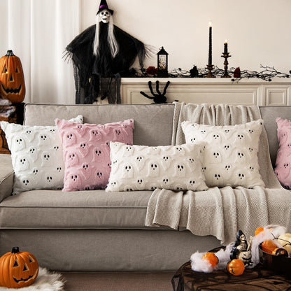 Halloween Decorative Pillow Covers - Set of 2 Soft Plush Faux Fur Ghost Design Cushions for Couch, Sofa, Bed, and Porch - 18x18 Inch Cream White