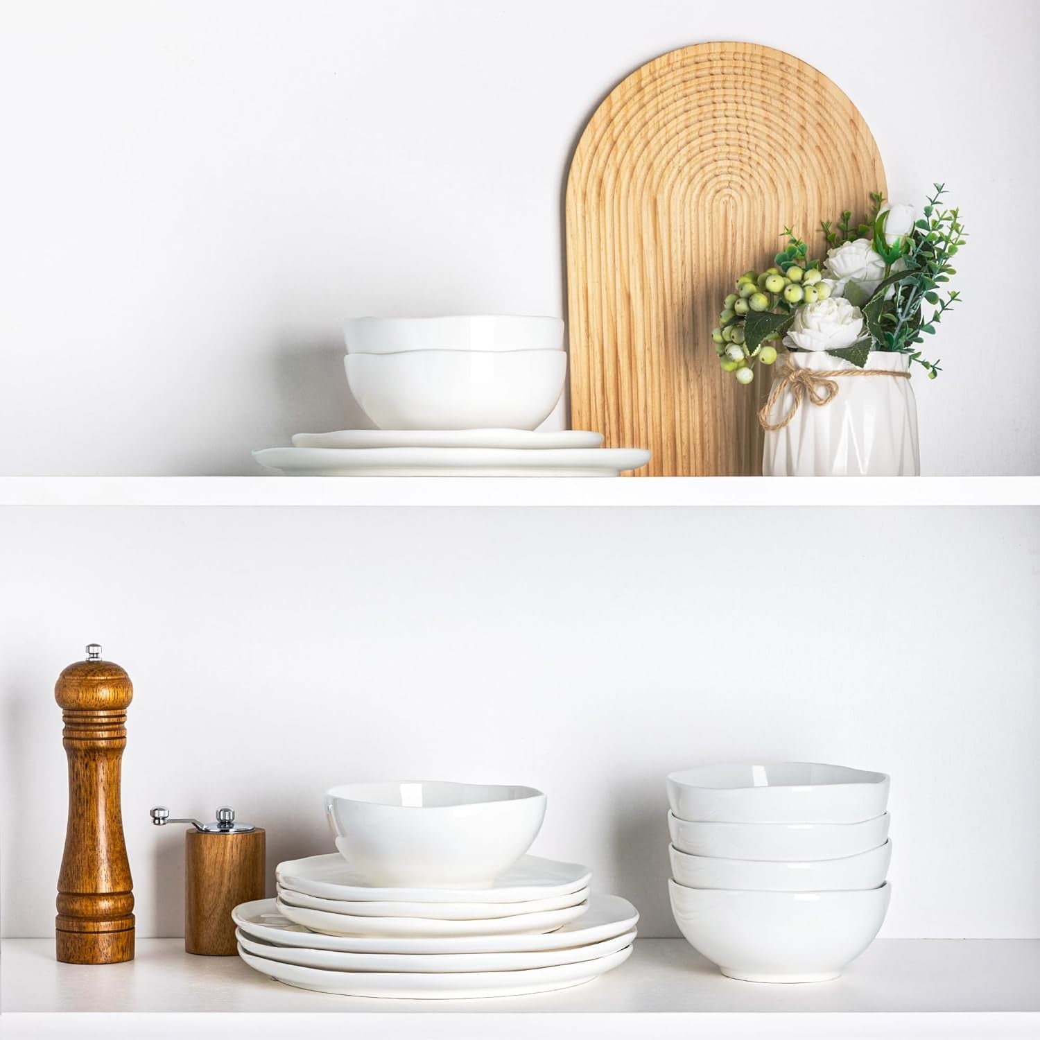 Ceramic Dinnerware Set for Four - 12-Piece Porcelain Dish Set, Lightweight and Scratch-Resistant, Oven, Microwave, and Dishwasher Safe in Angel White