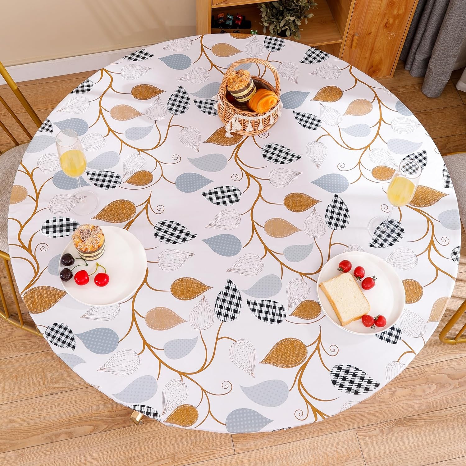 Round Vinyl Fitted Tablecloth with Flannel Backing Elastic Edge Design Table Cover Waterproof Oil-Proof PVC Table Cloth Stain-Resistant Best for 32"-36" Round